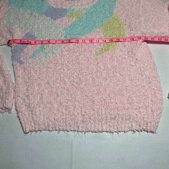 Vintage 80s pastel knit sweater pink textured abstract Retro pull over size L - Picture 2 of 6